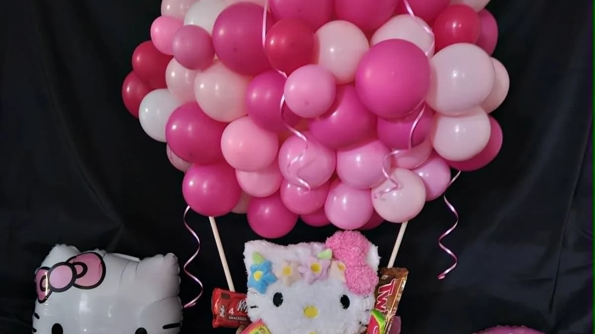 Pink Hello Kitty birthday basket with balloons and candy