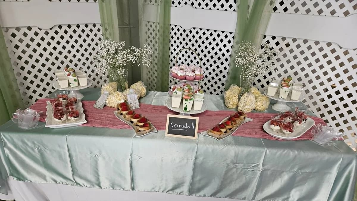 Mint and pink dessert table with cupcakes and parfaits