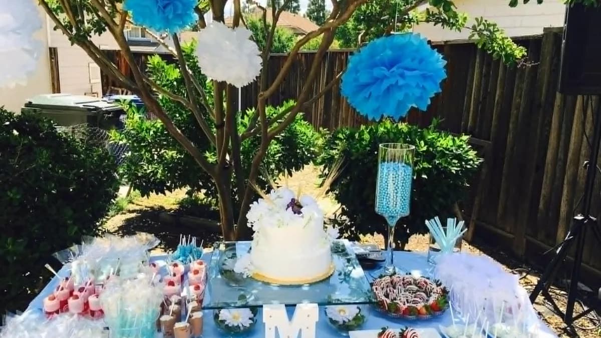 Outdoor dessert table with cake, sweets, and blue decorations